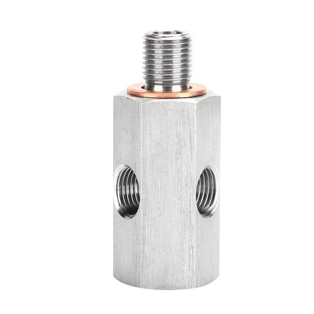 KIMISS 1/8 pulg. De acero inoxidable NPT Sensor de presión de aceite Tee a M10 10x1.0 Adaptador macho Turbo Supply Calibrador de línea de alimentación Plata