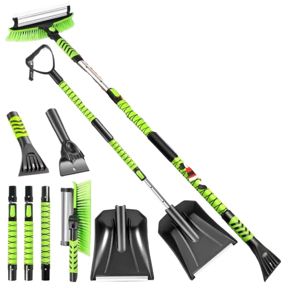 Cepillo y Pala de Nieve con 2 raspadores de Hielo para Parabrisas de Coche, Cepillo de Nieve Extensible para Coche con 2 Postes telescópicos, Pantalla pivotante 360