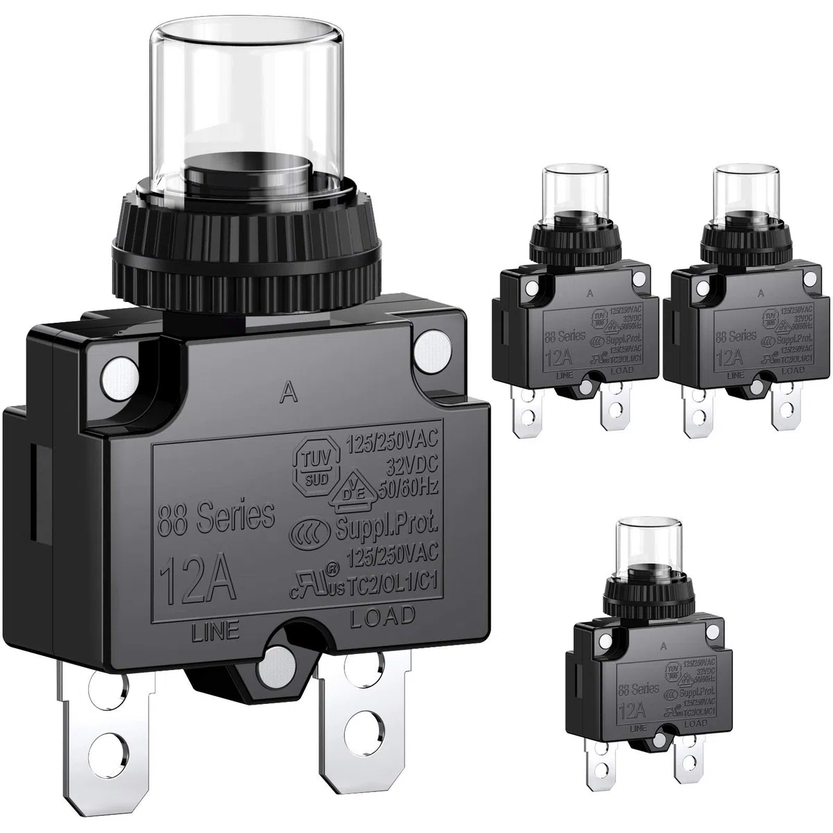 Clyxgs Serie 88 - Interruptor de potencia de 3 A con protección térmica contra sobrecarga, juego de pulsador manual con terminales de conexión rápida y tapa de tecla impermeable, 4 unidades, 12A