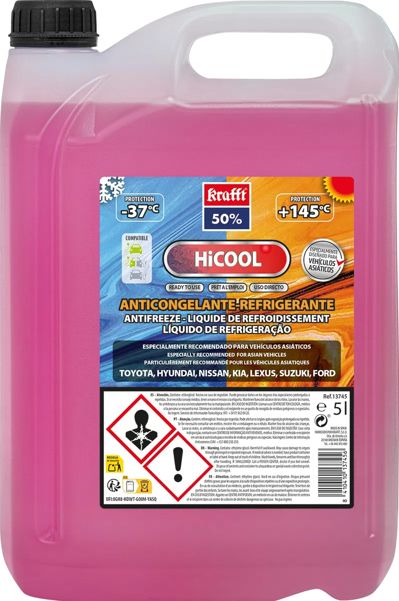 krafft Anticongelante Coche Hicool 50% – Líquido Refrigerante Coches Asiáticos 50% - Anticongelante Rosa Apto para Coches Híbridos – 5 L
