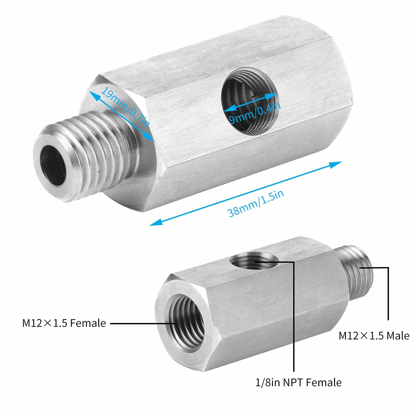 Dioche Conector NPT, adaptador de 1/8 pulgadas (rosca exterior) a M12 x 1,5 (rosca interior) para sensor de presión de aceite turbo, indicador de línea de alimentación, apto para varios modelos