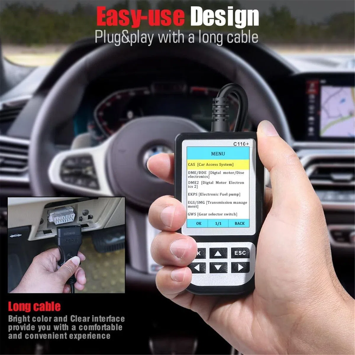 Herramienta de diagnóstico de escáner de código OBD2 C110+ - Lector de código automotriz para diagnóstico de automóviles y detección de fallos