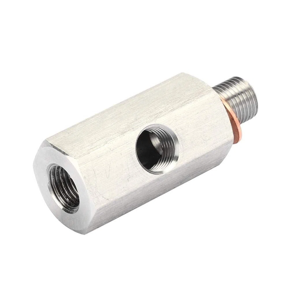 KIMISS 1/8 pulg. De acero inoxidable NPT Sensor de presión de aceite Tee a M10 10x1.0 Adaptador macho Turbo Supply Calibrador de línea de alimentación Plata