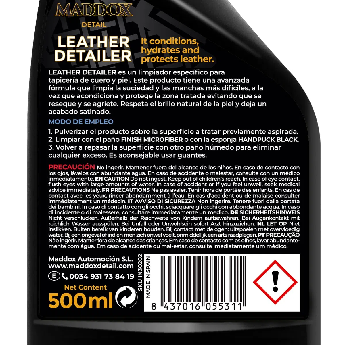Maddox Detail - Limpiador Cuero Coche y Acondicionador | Limpieza Coche Tratamiento de Piel | Limpieza Coche Cuero y Eliminación de Suciedad y Manchas | Restaura Asientos | Leather Detailer 500ml