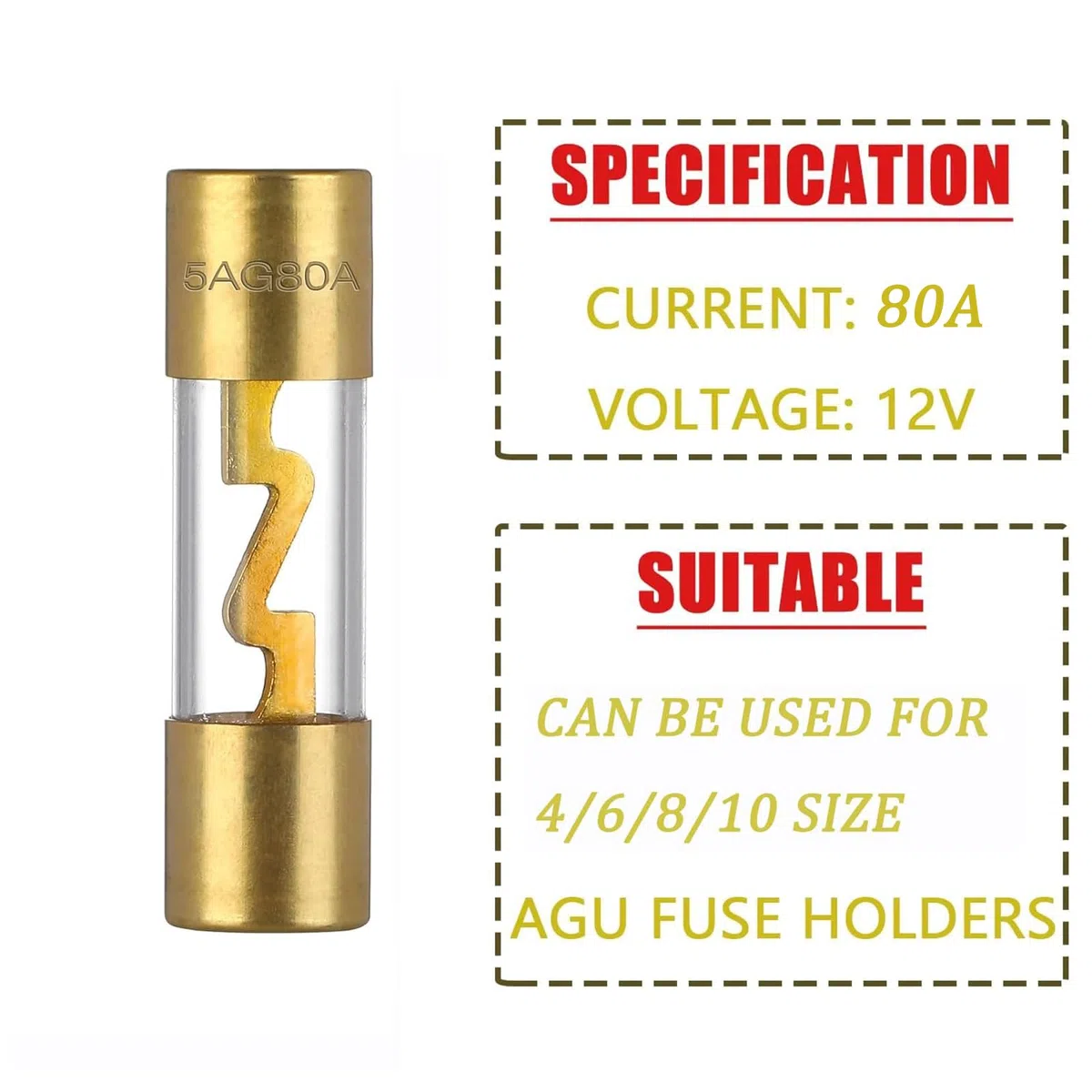 Anhoer AGU Portafusibles 80A chapado en oro fusible de cristal en línea AGU fusible en línea con 2 unidades 80A AGU fusible tubo de vidrio para automóvil Audio Power Safety Protection