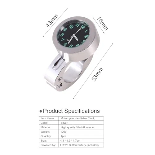 Yctze para Daystar 125 horloge guidon mm 1pc Plata Motocicleta Impermeable Manillar Glow Mount Reloj Reloj Universalreloj para Manillar de Moto AK 550 uhr Fuer