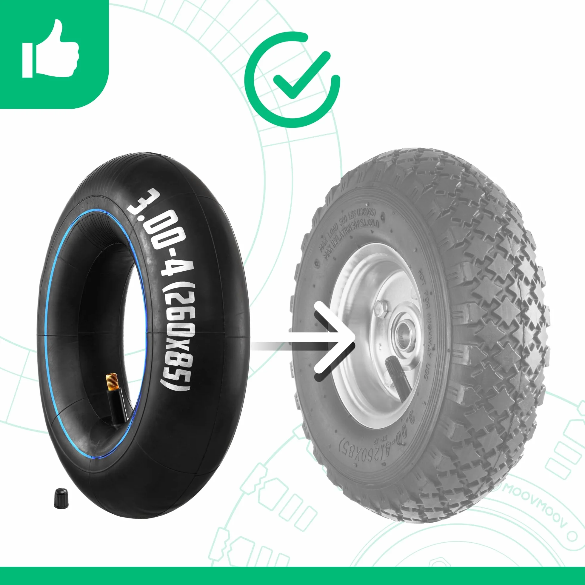 MOOVMOOV Cámara de aire 3.00-4 Válvula Recta TR13 (x2) – Cámaras de aire de Repuesto 260x85 para Carretilla, Carro y Remolque de Jardín, otros – Compatible con Neumáticos 3.50-4 y 260x85 mm