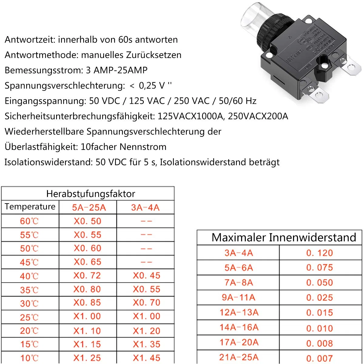 Clyxgs Serie 88 - Interruptor de potencia de 3 A con protección térmica contra sobrecarga, juego de pulsador manual con terminales de conexión rápida y tapa de tecla impermeable, 4 unidades, 12A