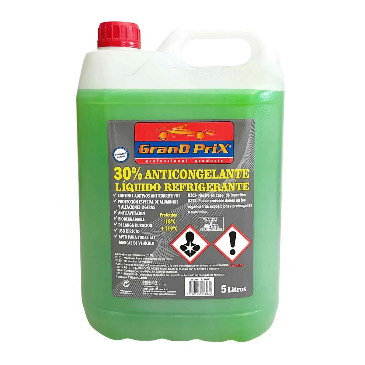 AUTOZOCO Anticongelante, liquido refrigerante Motor, Líquido refrigeración, Líquido anticongelante, Anticongelante Coche, Protección -5ºC y 102ºC, Capacidad 5 litros, 30% Etilenglicol, Color Verde