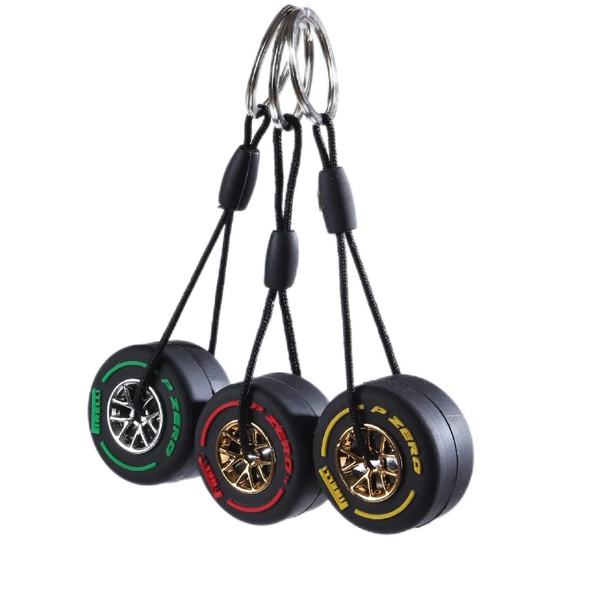 EJPTOYS F1 Racing Llavero de Neumático (3 piezas) - Rojo, Verde, Amarillo - Material de Goma Suave - Decoración de Coche