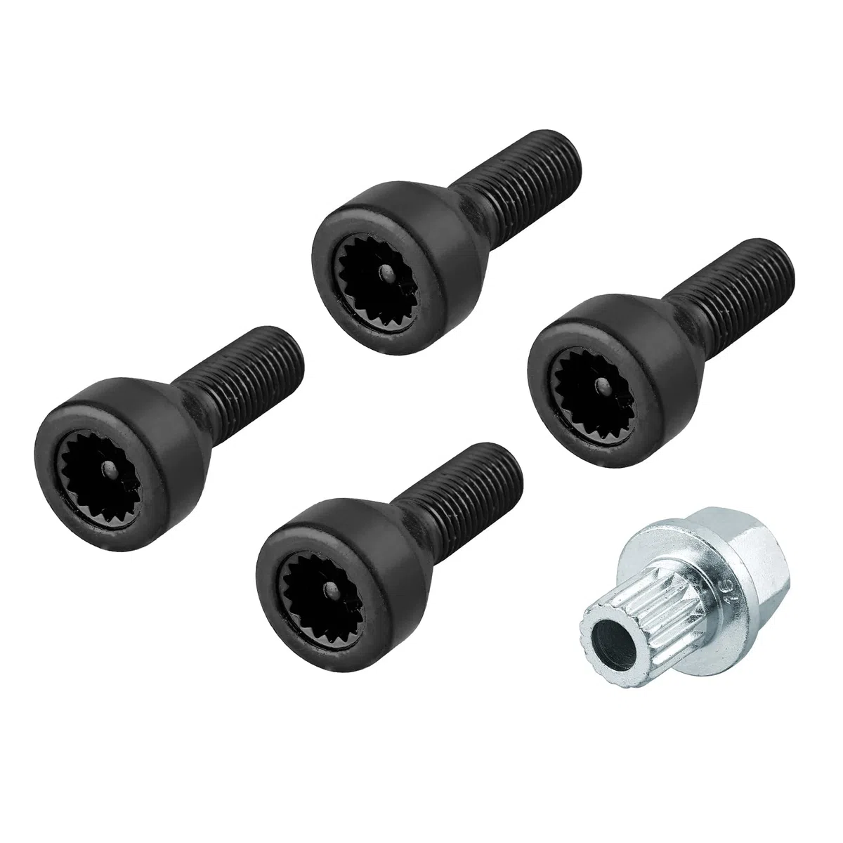 Justech 4 Pcs M12*1.5 Juego de Pernos de Rueda de Acero al Carbono Negro y Tuerca de Seguridad con Llave para E46 E87 E90 E60 36136786419/36131180882/36136764057