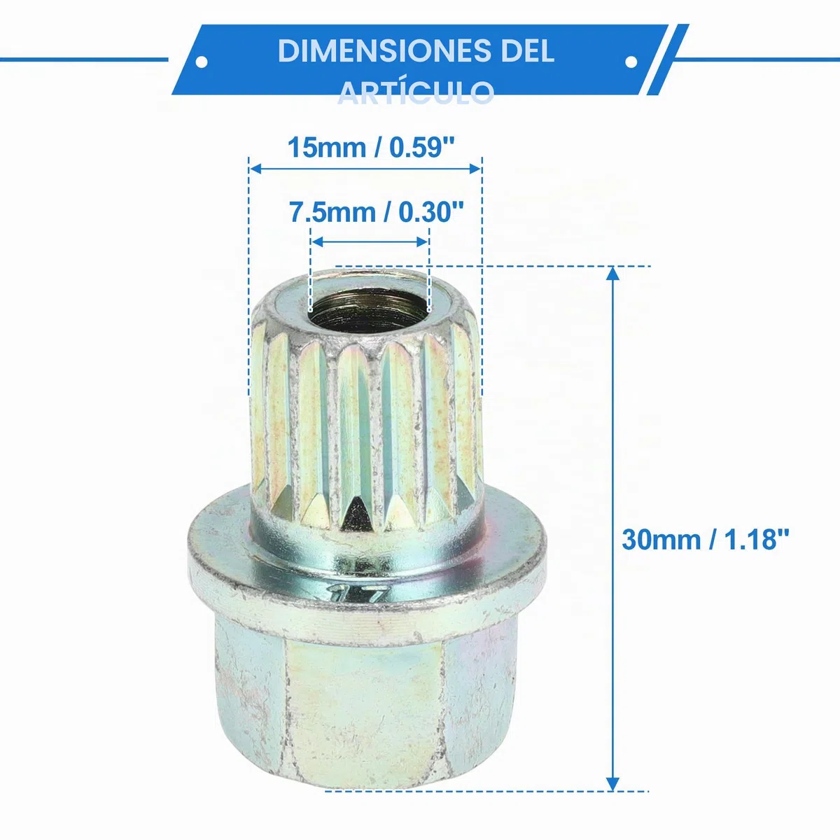Tuerca De Seguridad Para Rueda Para BMW 33/17Pt 1pc | Para BMW, Tono Plateado, 33/17PT, Altura 30mm, Diámetro Exterior 15mm, Diámetro Interior 7.5mm, Torque Máximo 120Nm
