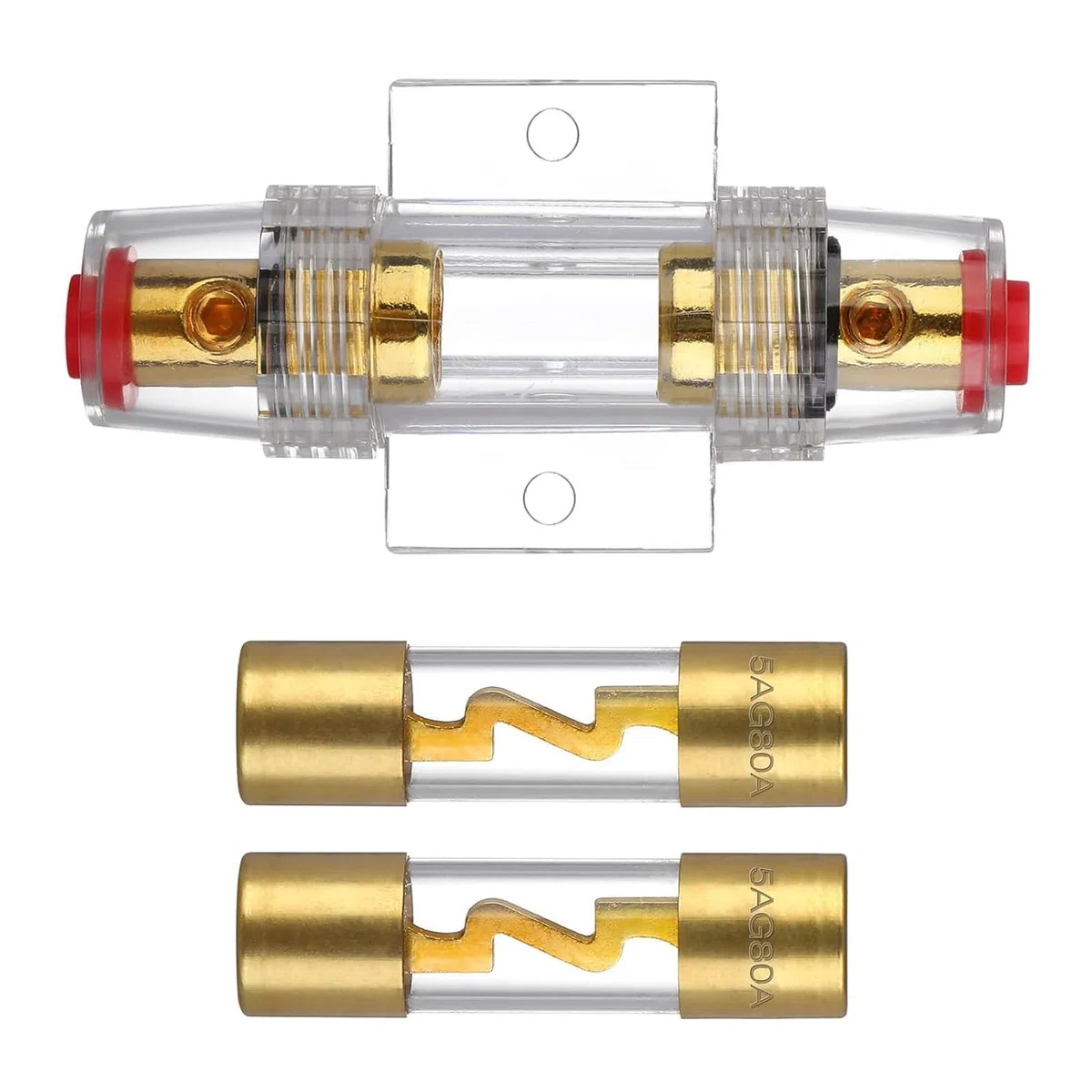 Anhoer AGU Portafusibles 80A chapado en oro fusible de cristal en línea AGU fusible en línea con 2 unidades 80A AGU fusible tubo de vidrio para automóvil Audio Power Safety Protection