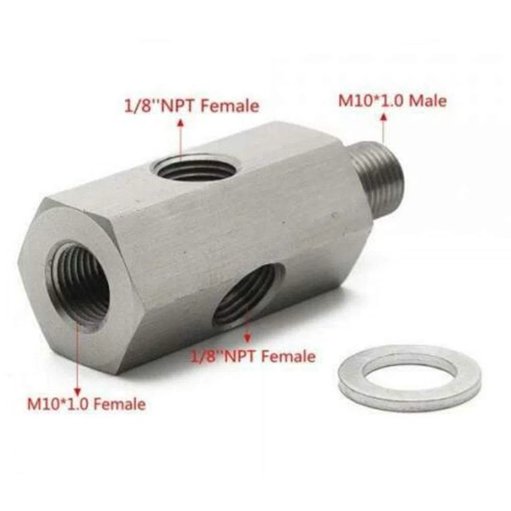 KIMISS 1/8 pulg. De acero inoxidable NPT Sensor de presión de aceite Tee a M10 10x1.0 Adaptador macho Turbo Supply Calibrador de línea de alimentación Plata