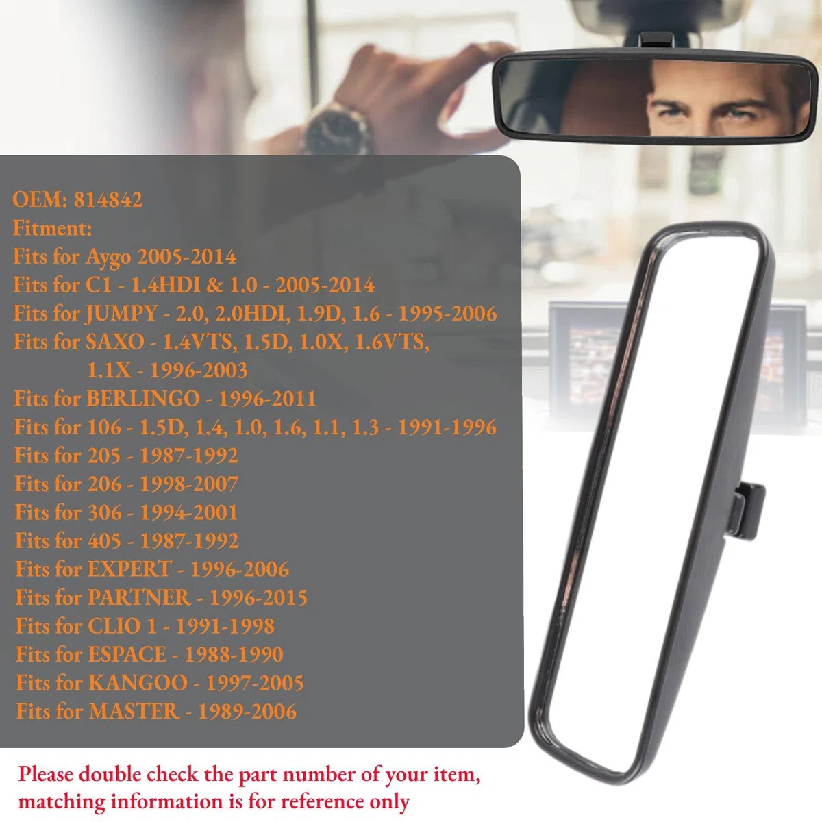 Espejos Vidrio Interiores derechos para Automóviles,Espejo Retrovisor Panorámico Repuesto para Coche, espejo retrovisor interior ABS carcasa 814842 se adapta a Peugeot 107/206/106