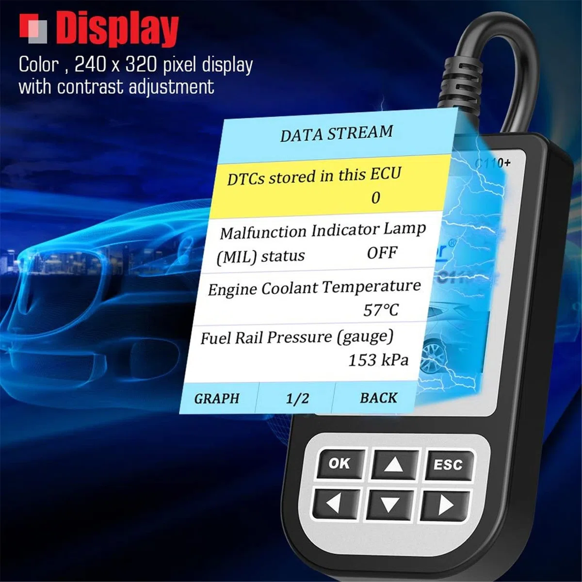 Herramienta de diagnóstico de escáner de código OBD2 C110+ - Lector de código automotriz para diagnóstico de automóviles y detección de fallos