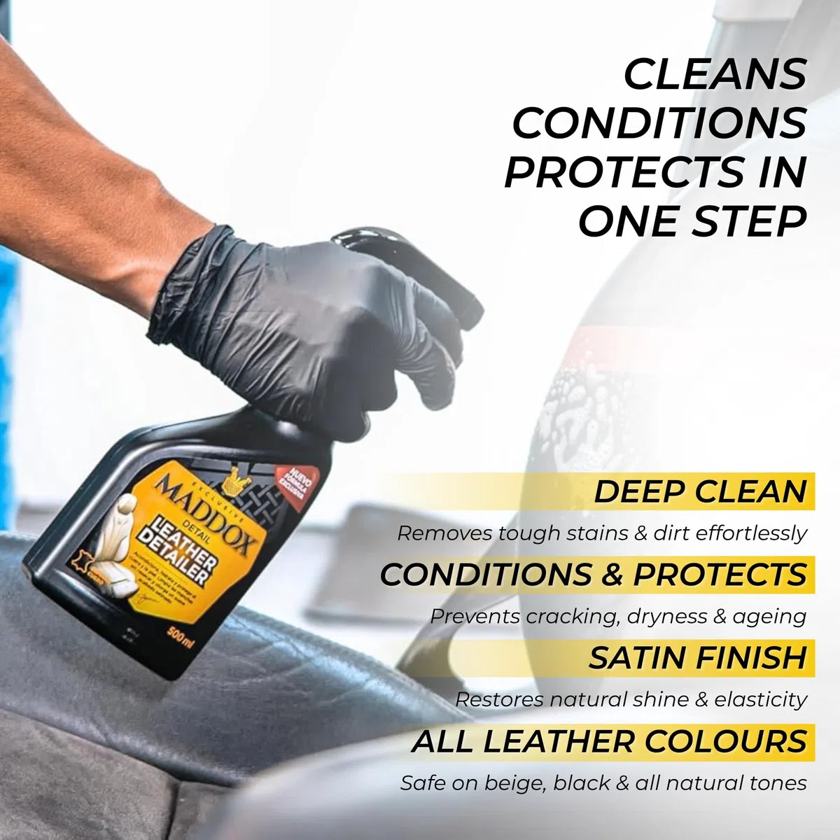 Maddox Detail - Limpiador Cuero Coche y Acondicionador | Limpieza Coche Tratamiento de Piel | Limpieza Coche Cuero y Eliminación de Suciedad y Manchas | Restaura Asientos | Leather Detailer 500ml