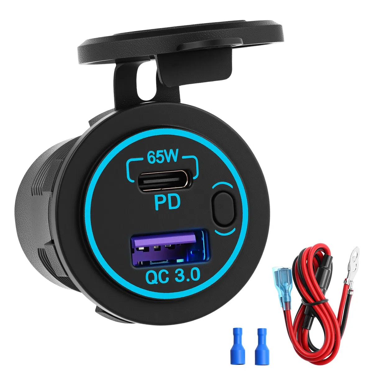 QWORK® 65W PD USB C y QC 3.0 Conector USB - Adaptador de encendedor de cigarrillos para coche con interruptor y cable de 60 cm, IP66 a prueba de agua, para autos, motos, barcos