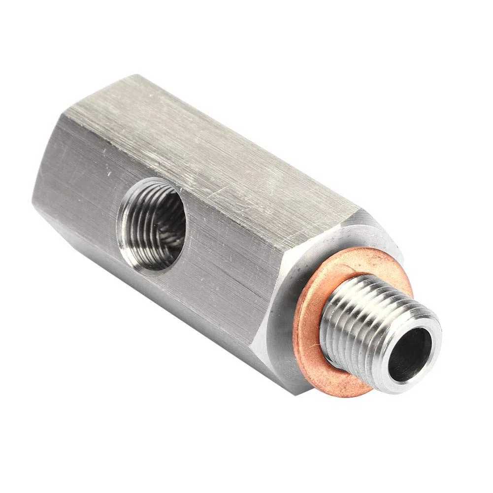 KIMISS 1/8 pulg. De acero inoxidable NPT Sensor de presión de aceite Tee a M10 10x1.0 Adaptador macho Turbo Supply Calibrador de línea de alimentación Plata