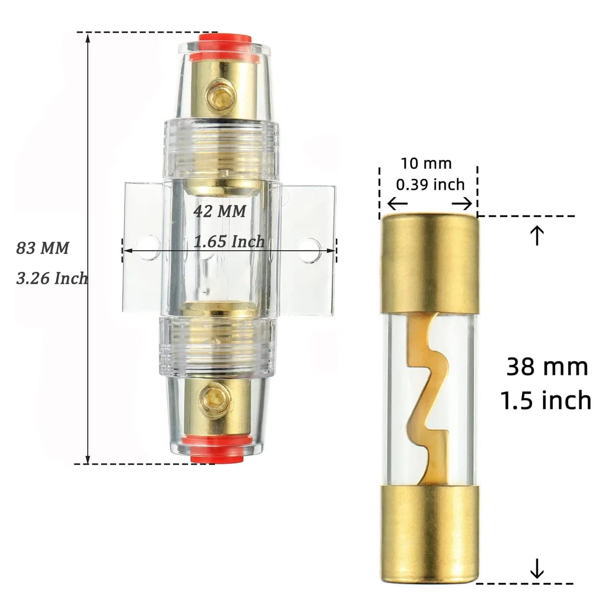 Anhoer AGU Portafusibles 80A chapado en oro fusible de cristal en línea AGU fusible en línea con 2 unidades 80A AGU fusible tubo de vidrio para automóvil Audio Power Safety Protection