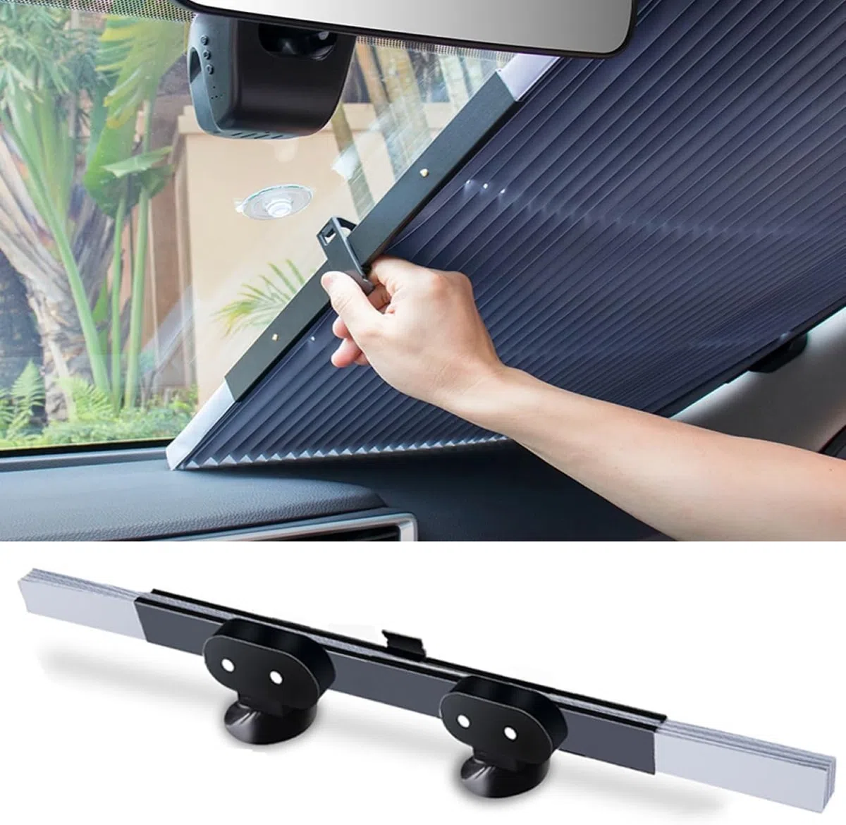 Parasol Coche Delantero, Visera Protección Solar Retráctil Automática para Parabrisas de Coche con Protección de Ventosa, Cortina con Protección UV