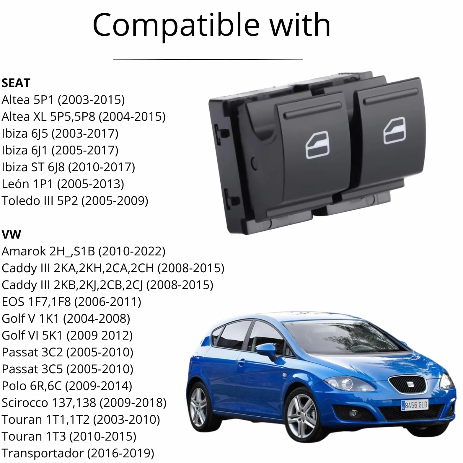 Twowinds - Interruptor Elevalunas 1K3959857A Compatible con Seat Ibiza León Toledo, VW Golf - Puerta Delantera Izquierda (lado conductor) - Botonera Ventana - Botón Ventanillas Delanteras